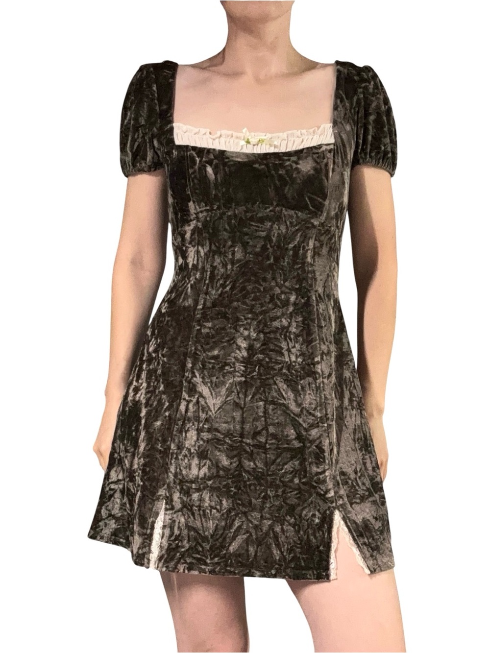 Kimchi Blue | Brown Velvet Milkmaid Peasant Open Tie Back Mini Dress